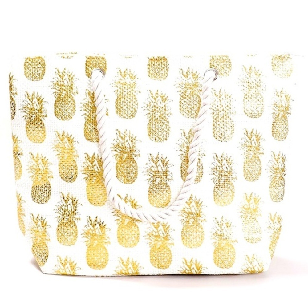 NWT Cream And Gold Foil Pineapple Tote Bag With Rope Handles - Picture 4 of 4
